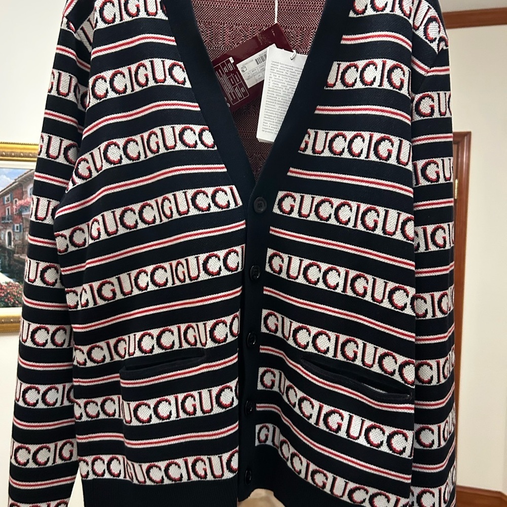 Men's Gucci logo, cotton jacquard cardigan in ink, red and white size XL - Picture 2 of 12